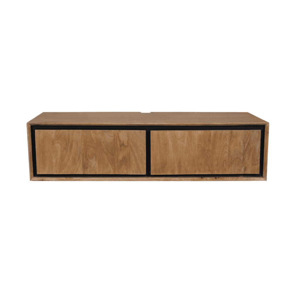 Robuuste houten tv-meubel met zwart metalen kaders, modern design, perfect voor woonkamer, op maat gemaakt door Mokana Meubelen.