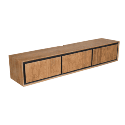 Modern houten TV-meubel met zwarte randafwerking, strak design, geschikt voor woonkamer, opbergruimte, landelijke en industriële interieurs, Mokana Meubelen stijl.