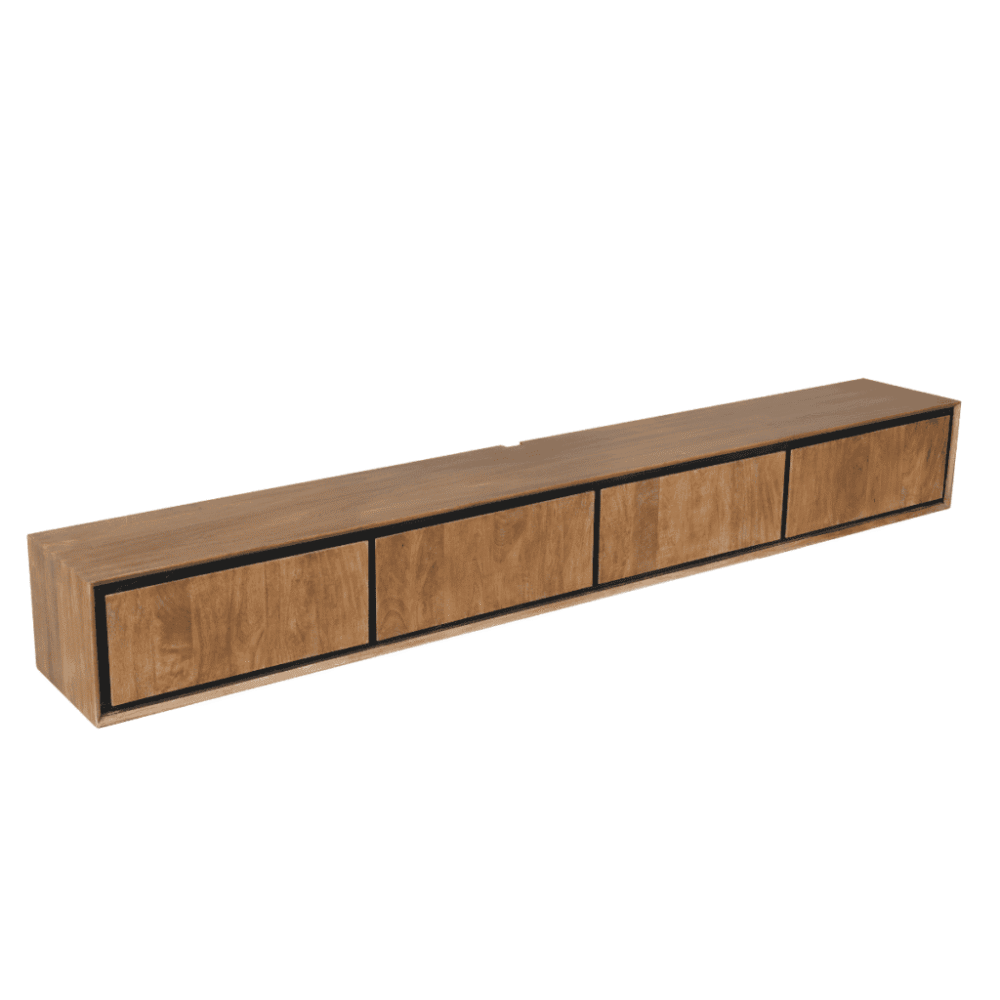 Felle mooie moderne tv-meubel van hout met zwarte omranding, perfect voor een eigentijdse woonkamer inrichting.