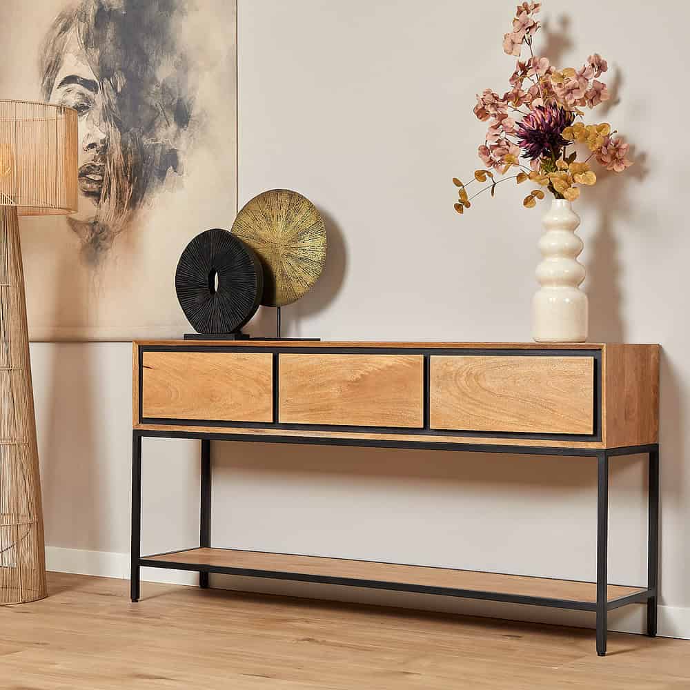 Elegante houten Canadian lobbytafel met zwart metalen frame, geschikt voor moderne interieurdecoratie, met handige opbergladen en stijlvolle accessoires.