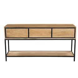 Modern houten dressoir met zwart metalen frame en drie lades, perfect voor een industriële of Scandinavische interieurstijl.