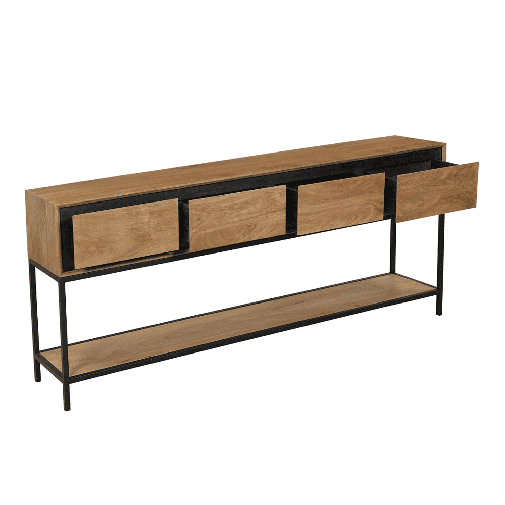 Rustieke houten tv-meubel met metalen frame, modern industrieel design, ruime opberglade en open plank voor stijlvolle woonkamer decoratie. Perfect voor een eigentijds interieur.