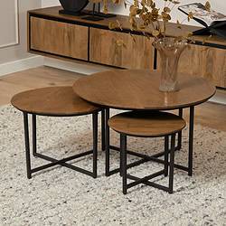 Boekentafel set van drie, multifunctionele bijzettafels met houten bladen en zwart metalen onderstellen, modern en industrieel design, perfect voor woonkamer of kantoor.