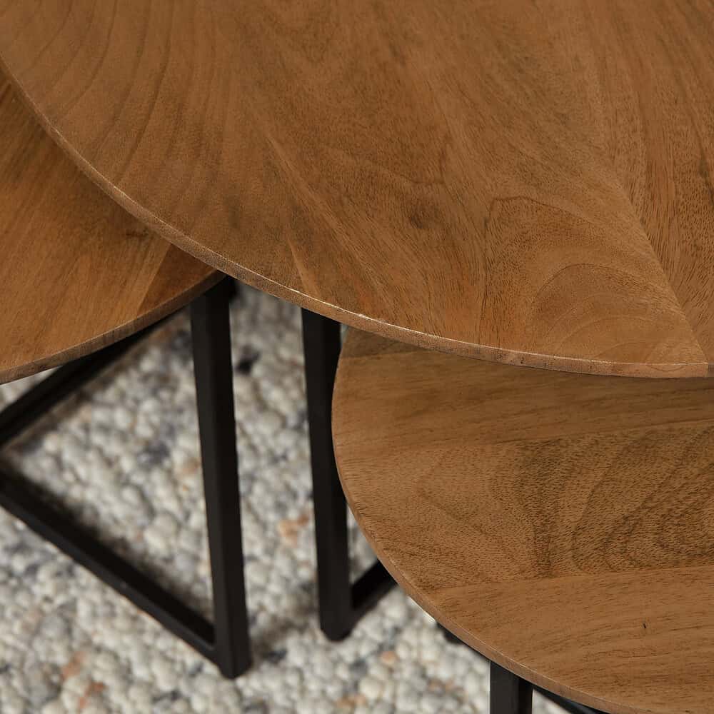 Natuurlijke houten bijzettafels met zwart metalen frame, modern design, duurzame meubelstukken, eye-catching woondecoratie, elegant houtafwerking voor woonkamer interieur.