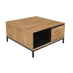 Natuurlijke houten salontafel met zwart metalen frame, modern en multifunctioneel design, ideaal voor Scandinavisch interieur.