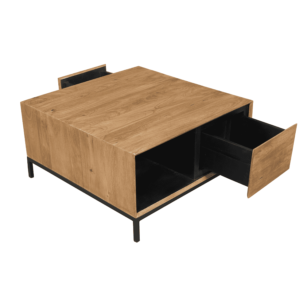 Robuuste eettafel van hout en zwart met openslaande lades en opbergplekken, perfect voor een moderne en functionele woonkamer.
