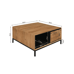 Natuurlijke houten salontafel met zwarte metalen frame, modern industrieel design, ruime opbergvak en afmetingen 80x80x40cm, stoer meubel voor elke woonkamer.