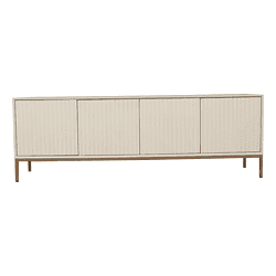 Strak beige houten tv-meubel met vier deuren, modern design, geschikt voor eigentijdse woonkamers, duurzame materialen, hoge functionaliteit en elegantie. Perfect voor het opbergen van media-apparatuur.