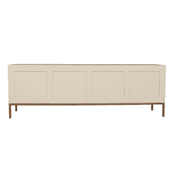 Zwart metalen pootjes onder een strakke witte houten tv-meubel met decoratieve paneel details, modern en stijlvol design, perfect voor een eigentijdse woonkamer.