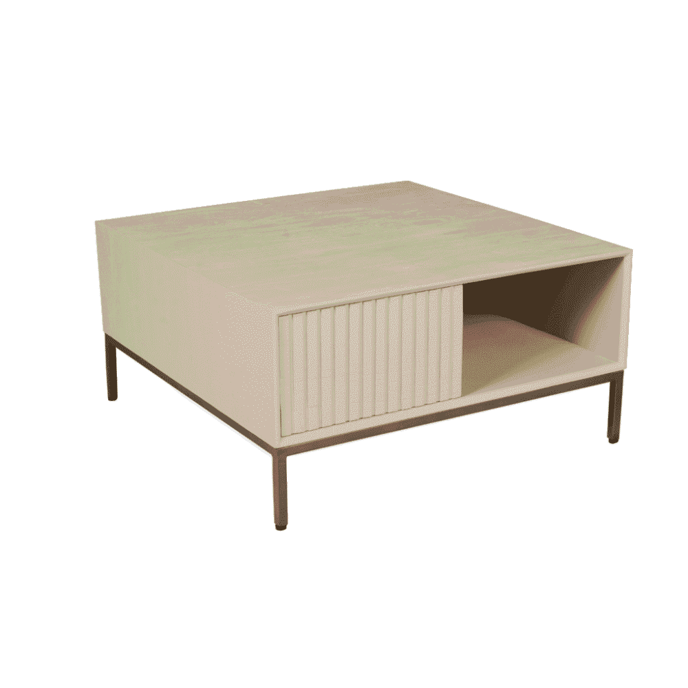 Lage salontafel in modern design met combinatie van hout en metalen frame, ideaal voor woonkamer inrichting.