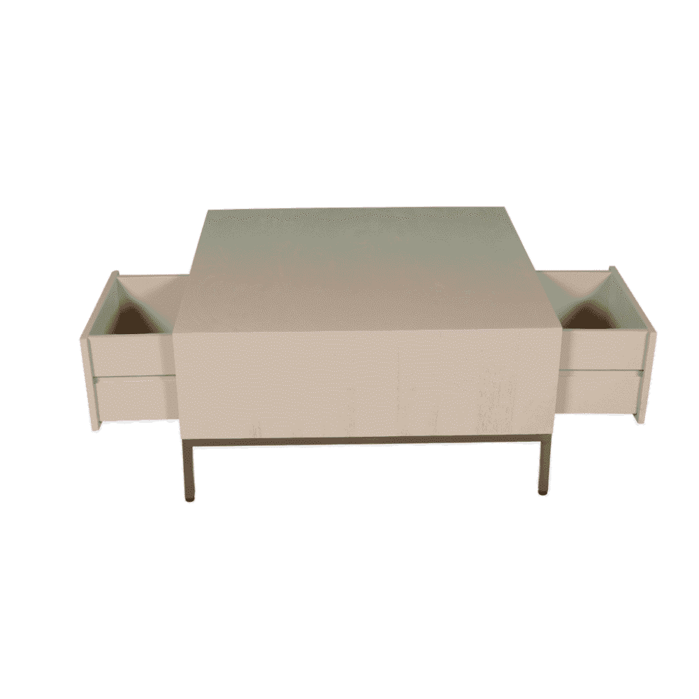 Minimalistische witte design salontafel met opbergkasten, modern meubelstuk voor woonkamer en interieur styling.