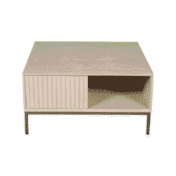 Strak modern salontafel in licht eikenhout met open opbergruimte en een decoratieve schuifdeur, perfect voor stijlvol wonen en functioneel opbergen.