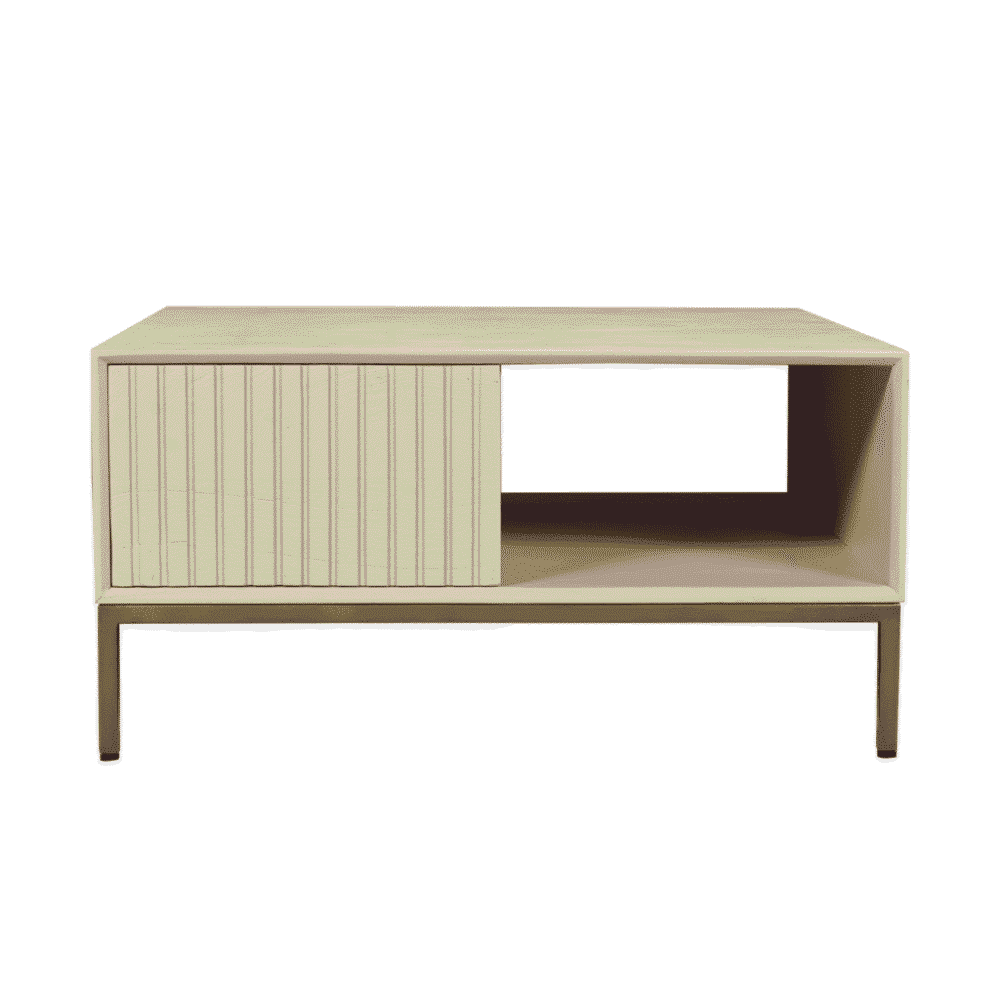 Strak en modern wit houten salontafel met opberglade en open vak, perfect voor het opbergen en presenteren van woonaccessoires in een natuurlijke sfeer.