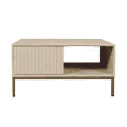 Strak en modern wit houten salontafel met opberglade en open vak, perfect voor het opbergen en presenteren van woonaccessoires in een natuurlijke sfeer.