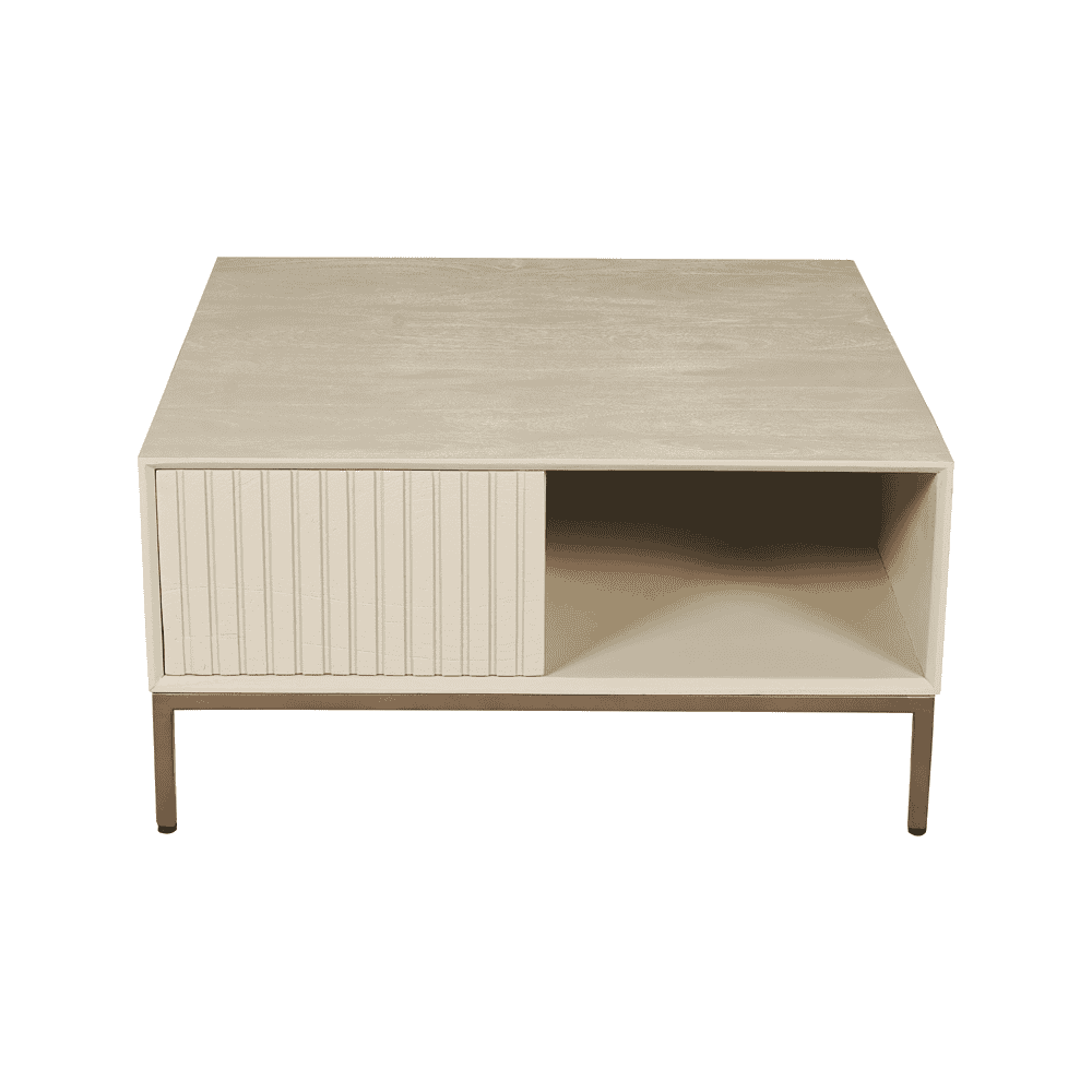 Elegante witte salontafel met modern design, gecombineerd met natuurlijke materialen en strakke lijnen, perfect voor een stijlvolle woonkamer inrichting.