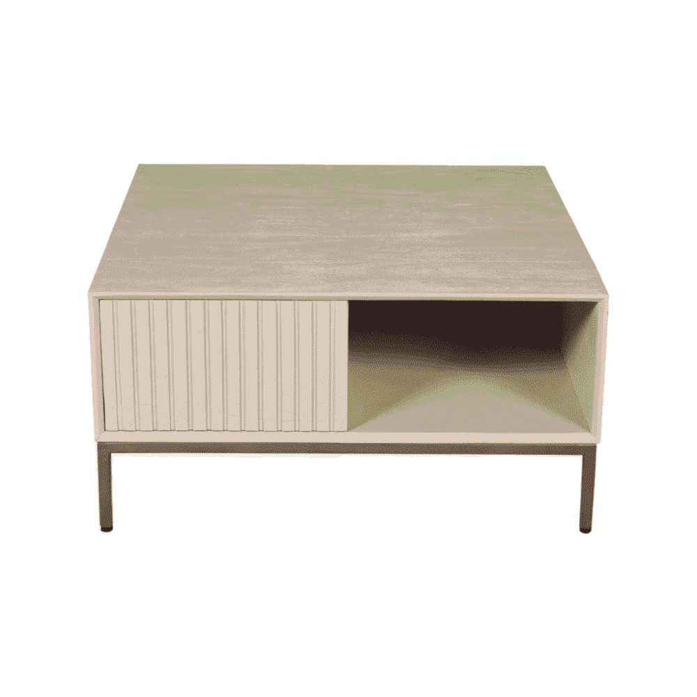 Strakke koffietafel in neutrale houttinten met gestructureerd deksel en open vak voor opslag, perfect voor moderne woonkamers.
