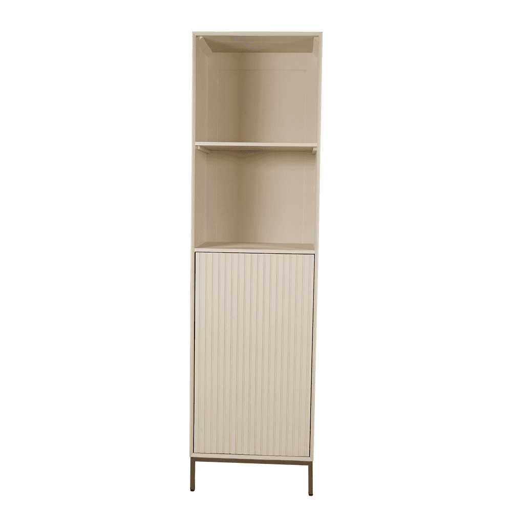 Lichtgewicht houten kast met open planken en gesloten vak onderkant, ideaal voor opbergen en decoratie in huis.