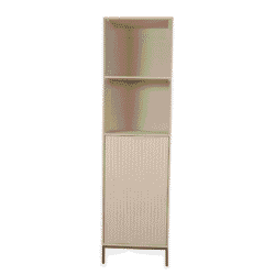 Moderne beige kast van Mokana Meubelen met open en gesloten opbergmogelijkheden, perfect voor stijlvolle opbergruimte in huis of kantoor.
