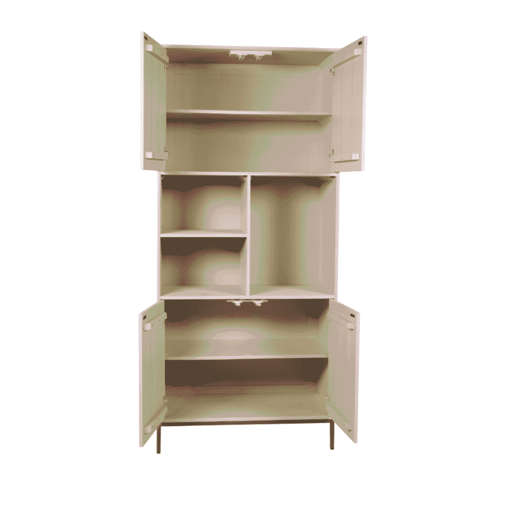 Kaste met meerdere planken en vakken, modern meubel voor opbergen, ideaal voor woonkamer of keuken, houten afwerking, stijlvolle en praktische opbergoplossing, Mokana Meubelen.