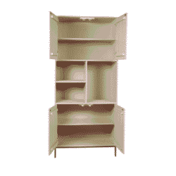 Kaste met meerdere planken en vakken, modern meubel voor opbergen, ideaal voor woonkamer of keuken, houten afwerking, stijlvolle en praktische opbergoplossing, Mokana Meubelen.
