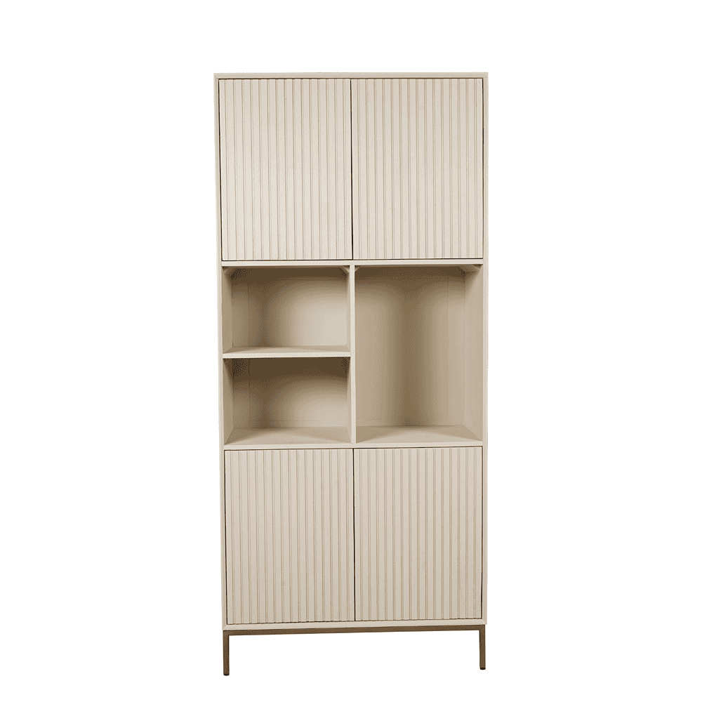 Elegante houten boekenkast met schuifdeuren en open vakken, perfect voor modern interieur en opslag.