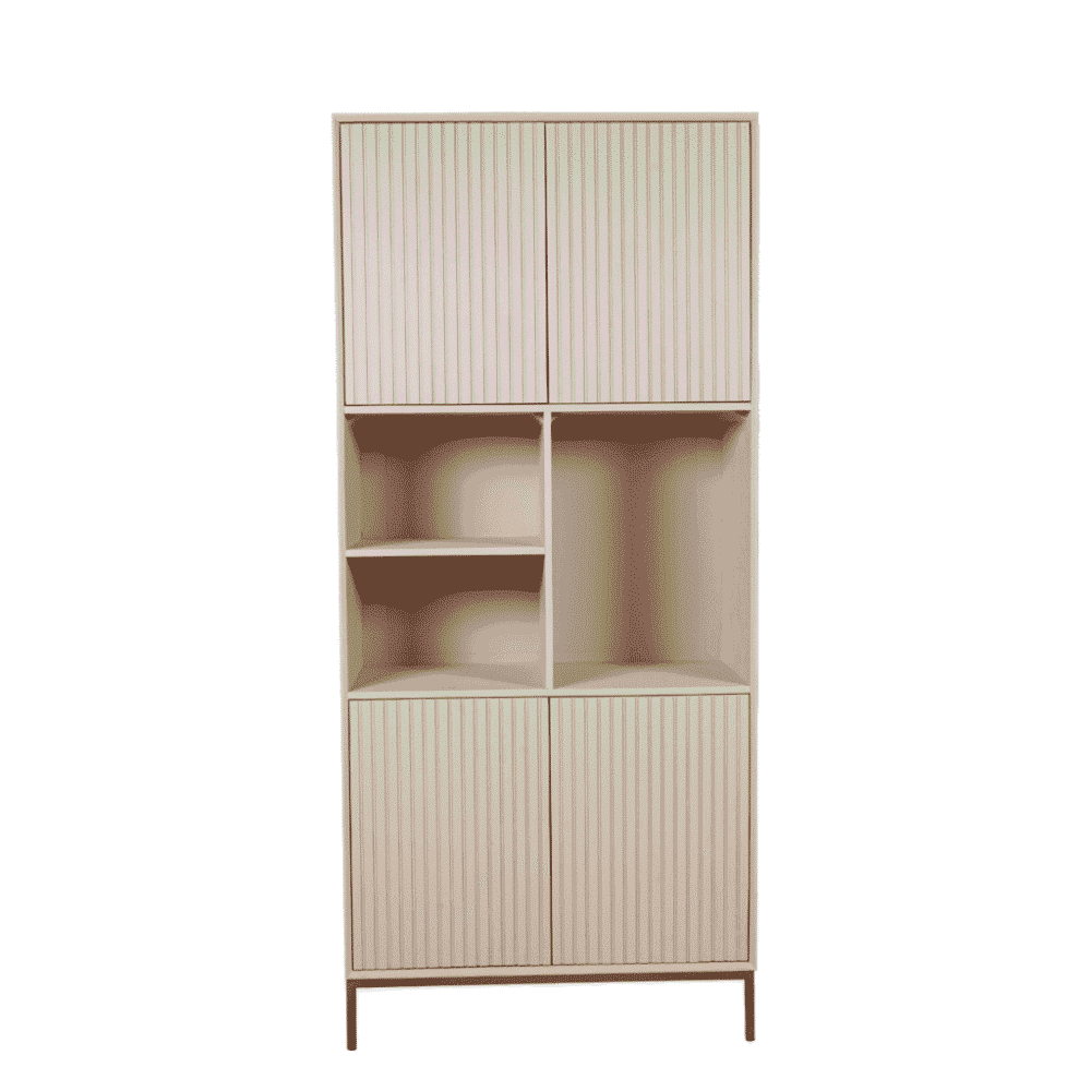 Vintage houten kast met verticale lamellen, beige afwerking, moderne stijl geschikt voor woonkamer of kantoor.