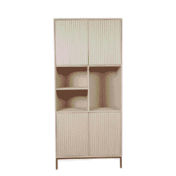 Vintage houten kast met verticale lamellen, beige afwerking, moderne stijl geschikt voor woonkamer of kantoor.