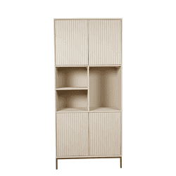 Elegante houten boekenkast met schuifdeuren en open vakken, perfect voor modern interieur en opslag.