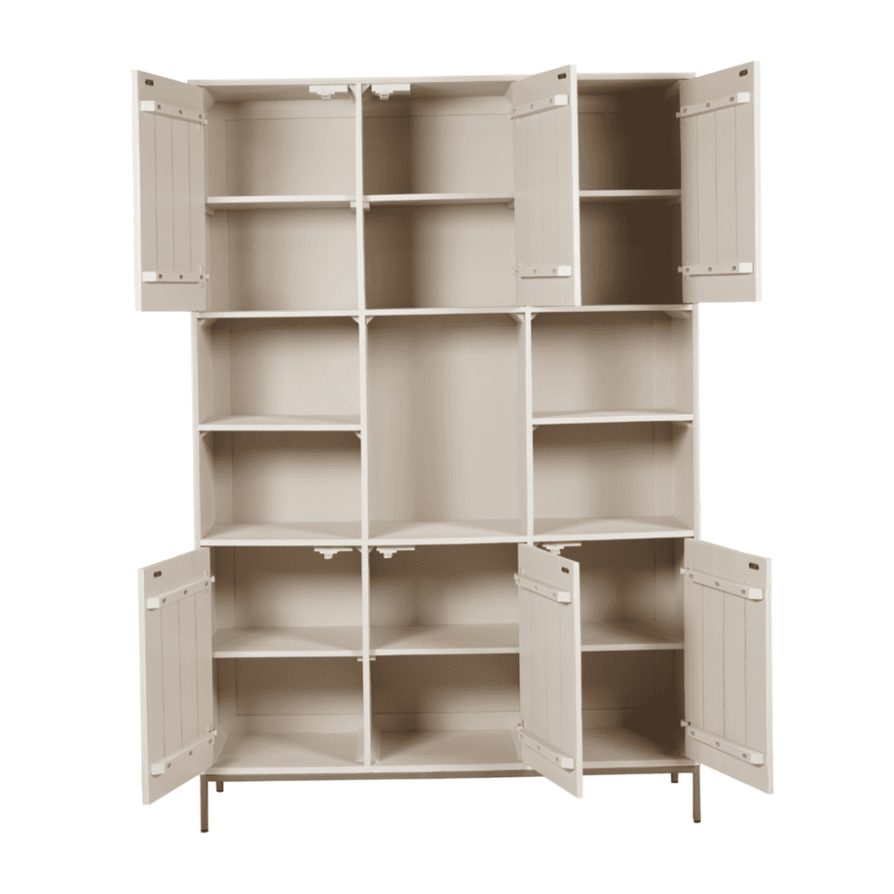 Steigerhouten kast met meerdere opbergladen en open vakken, perfect voor opbergruimte en stijlvol interieur bij Mokana Meubelen.