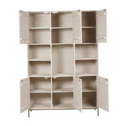Steigerhouten kast met meerdere opbergladen en open vakken, perfect voor opbergruimte en stijlvol interieur bij Mokana Meubelen.