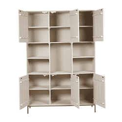 Kluiskast met meerdere opbergvakken en witte houten deuren, ideaal voor opslag en organisatie in huis of kantoor.