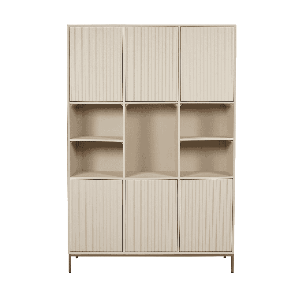 Modern houten kast met multiple opbergvakken en schuifdeuren, ideaal voor moderne interieurs en opbergruimte.