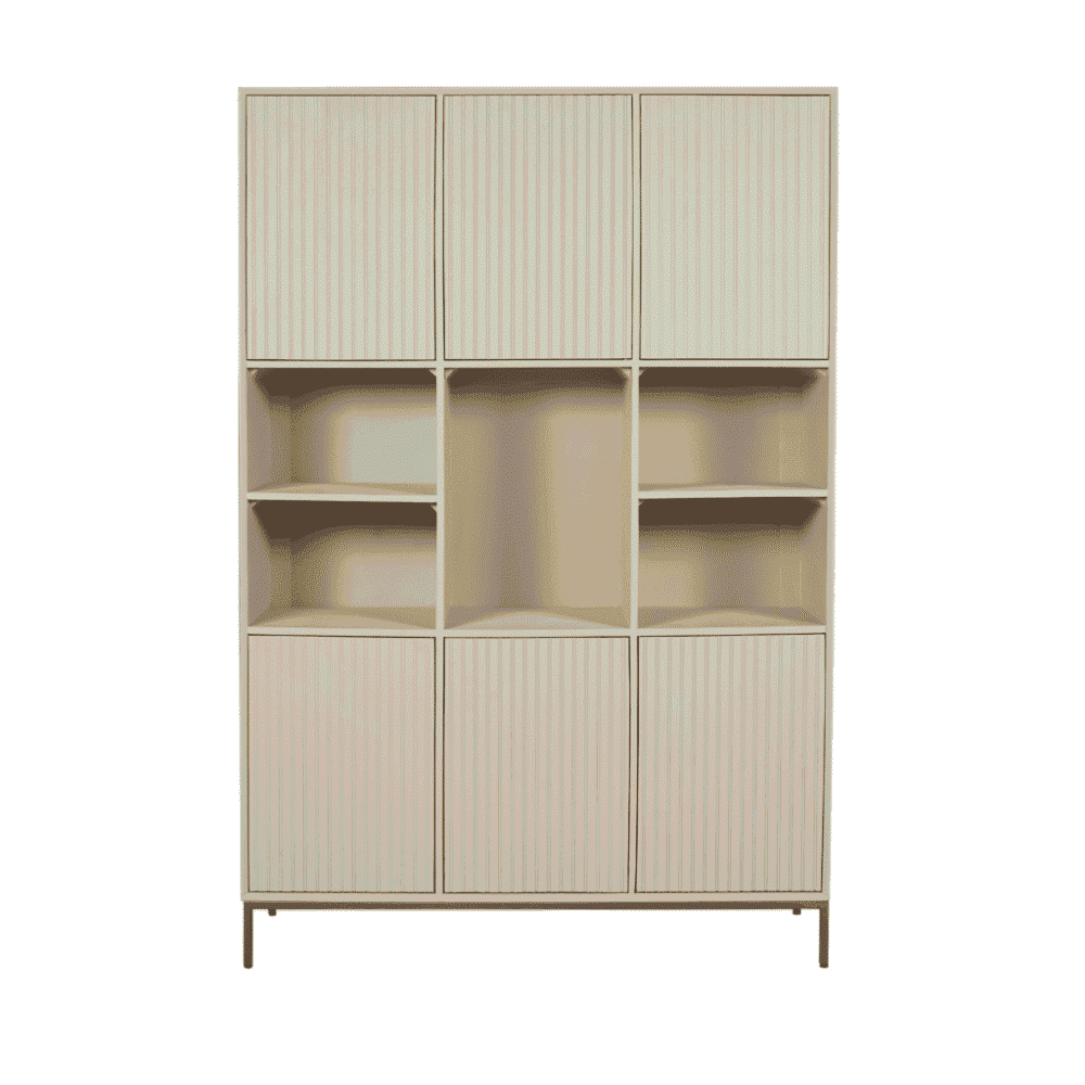 Strakke witte houten boekenkast met open en gesloten opbergvakken, modern design, perfect voor woonkamer of kantoor, van Mokana Meubelen.