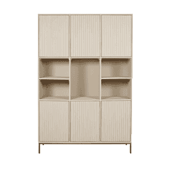 Modern houten kast met multiple opbergvakken en schuifdeuren, ideaal voor moderne interieurs en opbergruimte.