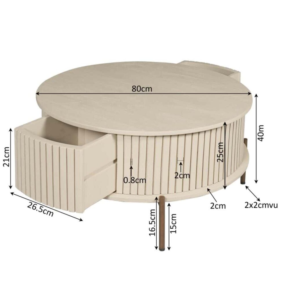 Ronde salontafel met opbergkast en lades, massief hout, modern design, 80cm diameter, natuurlijke afwerking, multifunctioneel meubel voor woonkamer en zithoek.