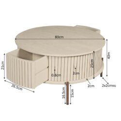 Ronde salontafel met opbergkast en lades, massief hout, modern design, 80cm diameter, natuurlijke afwerking, multifunctioneel meubel voor woonkamer en zithoek.