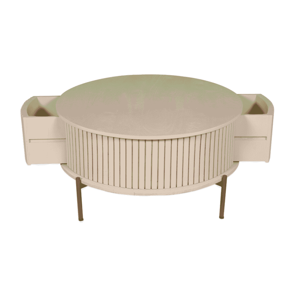 Strak ontworpen ronde eettafel van hout met uitklapbare zijpanelen, ideaal voor een moderne en multifunctionele eetruimte, handgemaakt door Mokana Meubelen.