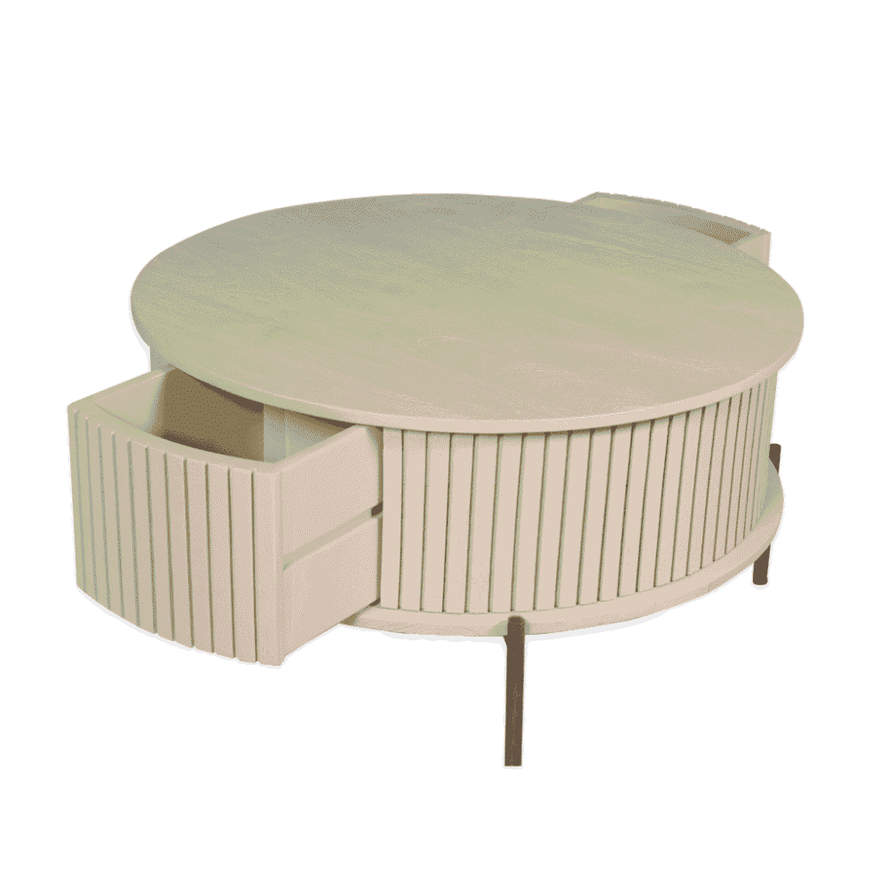 Uniek houten salontafel met lade en verticale lattenafwerking, perfect voor moderne woonkamers en op maat gemaakt door Mokana Meubelen.