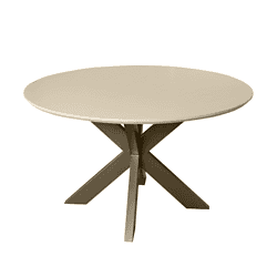 Modern ronde eettafel met beige blad en Z-vormige metalen voet, perfect voor sfeervolle maaltijden en stijlvolle interieurstukken.