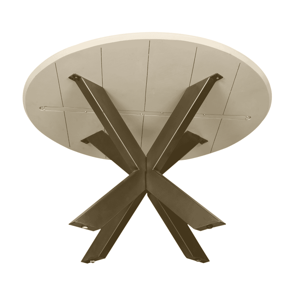 Robuuste eettafel van Mokana Meubelen met een modern metalen onderstel en een massief houten blad, perfect voor stijlvolle en functionele eetruimtes.