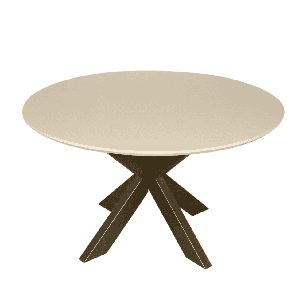 Moderne ronde eettafel met crème geel blad en zwart metalen onderstel, ideaal voor een stijlvolle woonkamer of eetkamer, hoge kwaliteit en design van Mokana Meubelen.