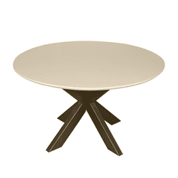 Moderne ronde eettafel met crème geel blad en zwart metalen onderstel, ideaal voor een stijlvolle woonkamer of eetkamer, hoge kwaliteit en design van Mokana Meubelen.