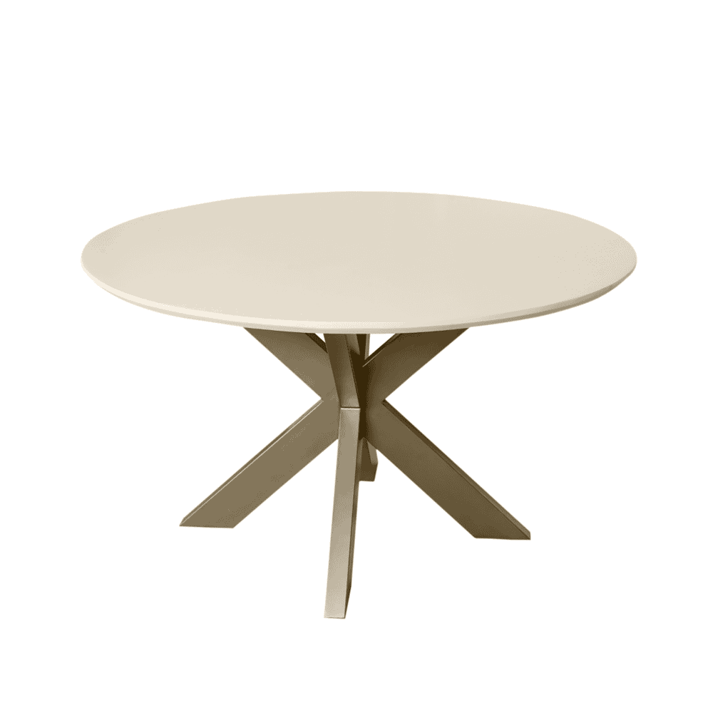 Eettafel met witte ronde blad en moderne metalen onderstel, elegant design voor stijlvolle woonruimtes.