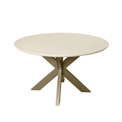 Eettafel met witte ronde blad en moderne metalen onderstel, elegant design voor stijlvolle woonruimtes.