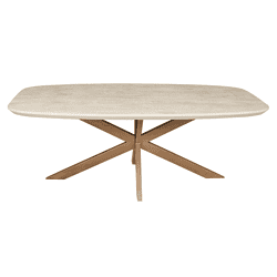 Moderne eiken eettafel met robuuste metalen onderstel, perfect voor een stijlvolle eetkamer of bijvoorbeeld een vergaderruimte. Combining natural wood finish with a sturdy metal base for durability and design.