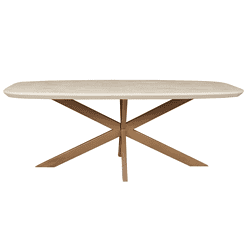 Strak houten eettafel met metalen X-poot, modern design, perfect voor eetkamers, maatwerk mogelijk, duurzame materialen, hoogwaardig meubel, Scandinavisch geïnspireerd, elegant en functioneel, Mokana Meubelen.
