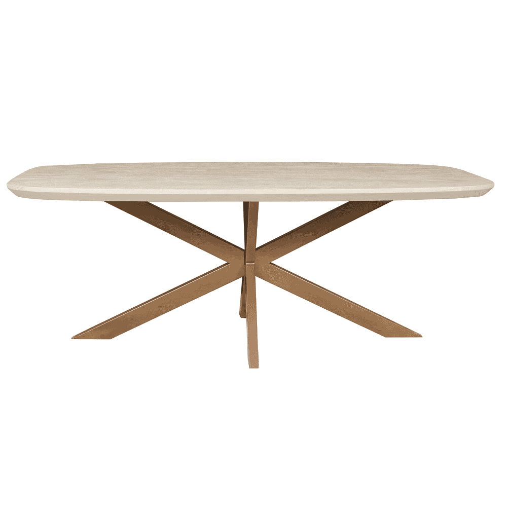 Elegant modern eettafel met een licht eikenhouten blad en een trendy goudkleurige metalen onderstel, perfect voor stijlvolle eetzalen en woonruimtes.