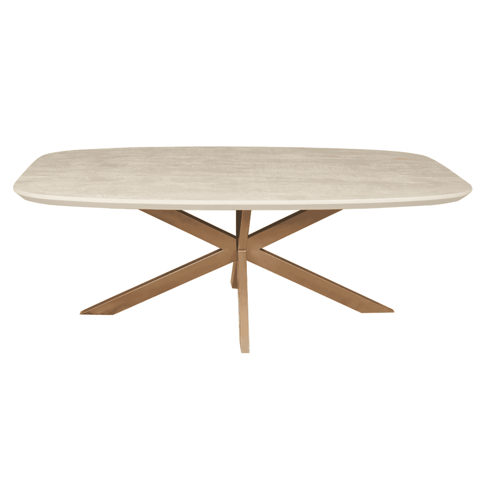 Elegant eettafel in neutraal hout met gouden onderstel, perfect voor stijlvol wonen en dineren.