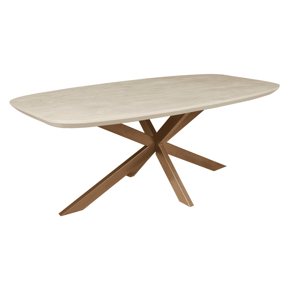 Elegante tafel met naturel houten blad en uniek ontworpen pootstructuur, perfect voor moderne interieurs en eetkamers.