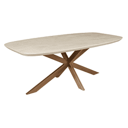 Elegante tafel met naturel houten blad en uniek ontworpen pootstructuur, perfect voor moderne interieurs en eetkamers.